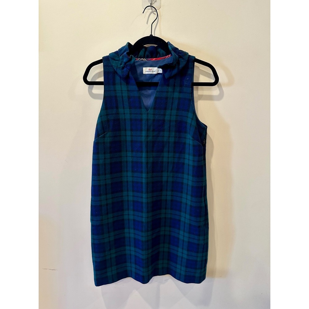 Vineyard Vines BlckWitch Meredith Ruffleneck Green Plaid Shift Dress Sz 2 Preppy